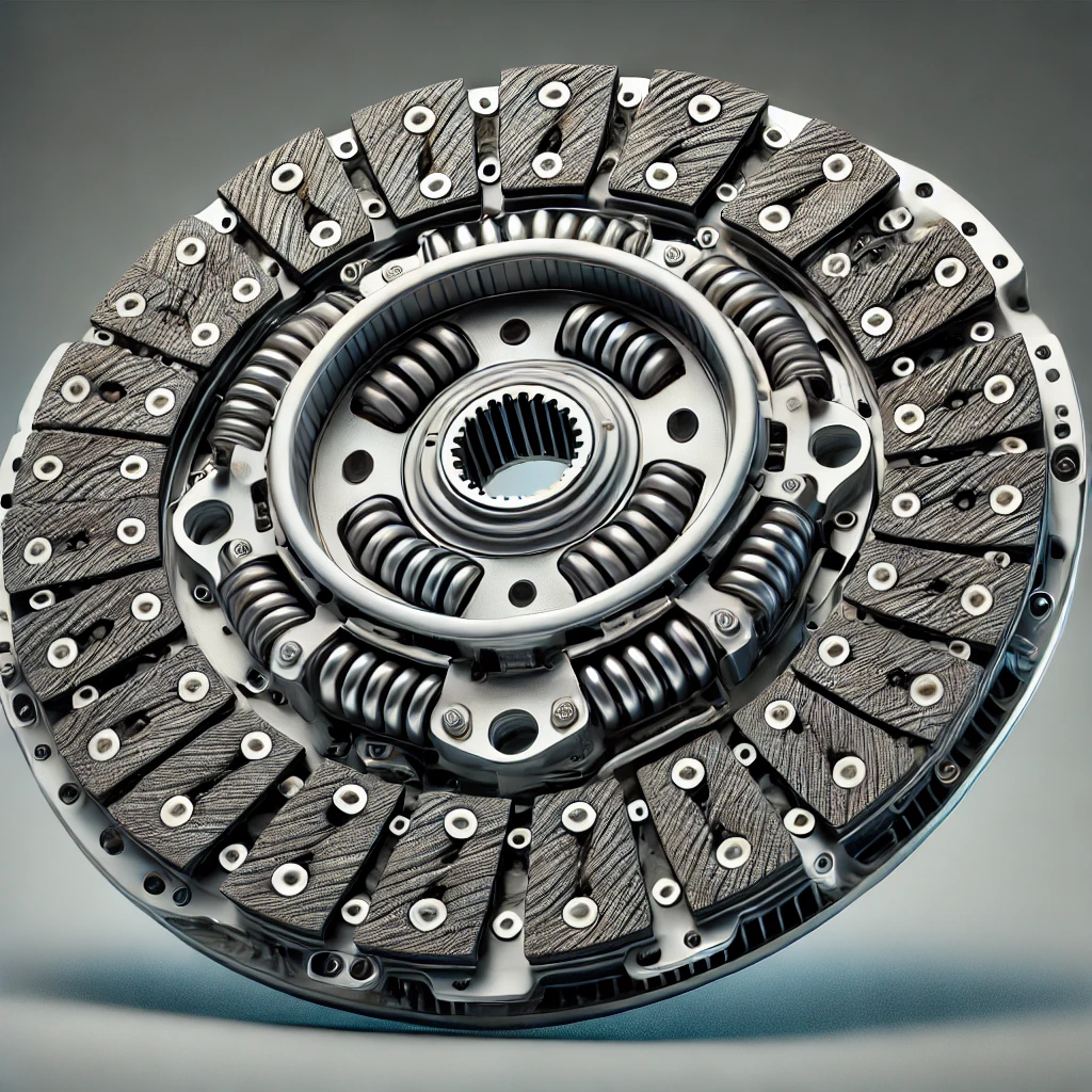 DALL·E 2025-01-16 18.13.49 – A detailed and realistic depiction of a clutch disc for an automotive transmission, showcasing its intricate components such as the friction material,