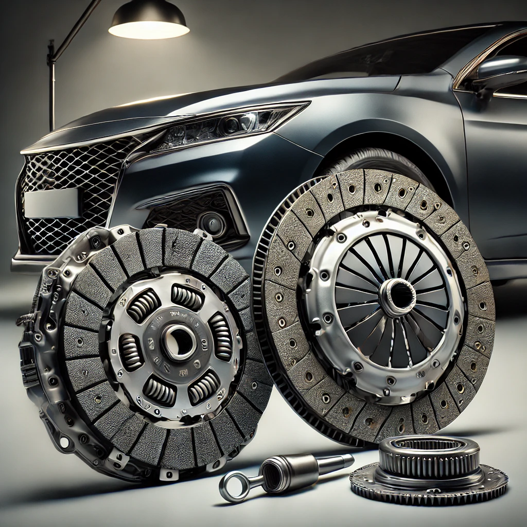 DALL·E 2025-01-16 18.14.40 - A realistic image of a car with a clutch kit displayed beside it. The clutch kit includes a clutch disc, pressure plate, and release bearing, all neat