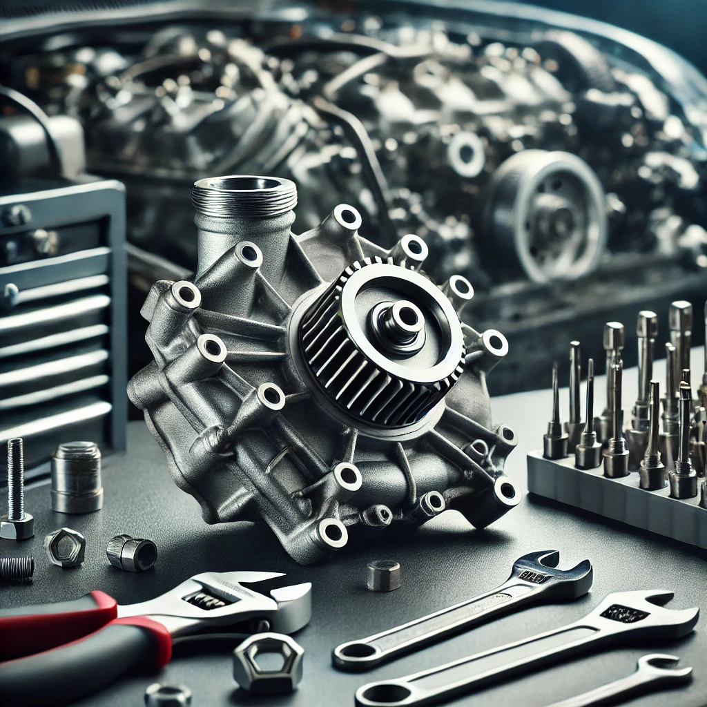 DALL·E 2025-01-16 18.31.53 - A detailed image of a car water pump, commonly used in automobile engines. The pump is metallic with intricate fins and bolts, sitting on a clean car