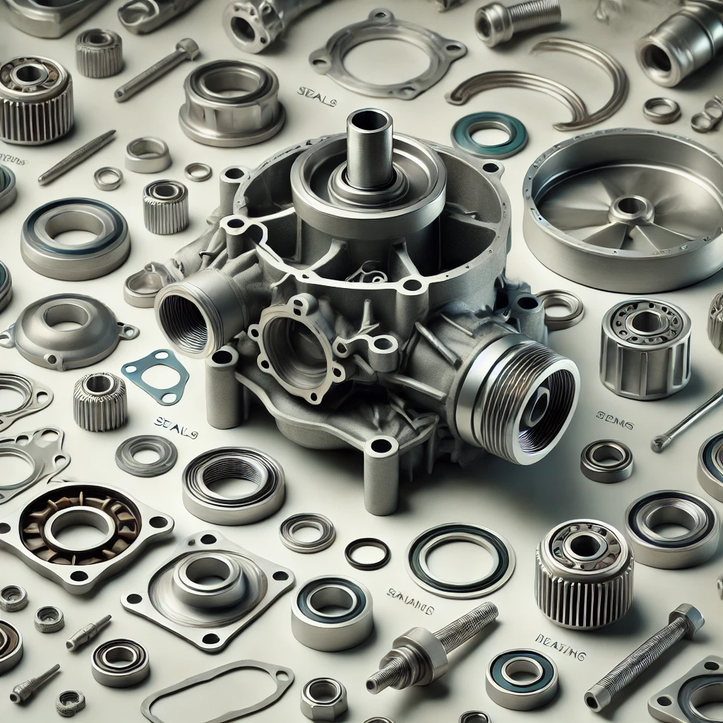 DALL·E 2025-01-16 18.32.44 - A detailed image of disassembled water pump parts laid out on a clean surface. The components include the impeller, seals, housing, gaskets, bearings,