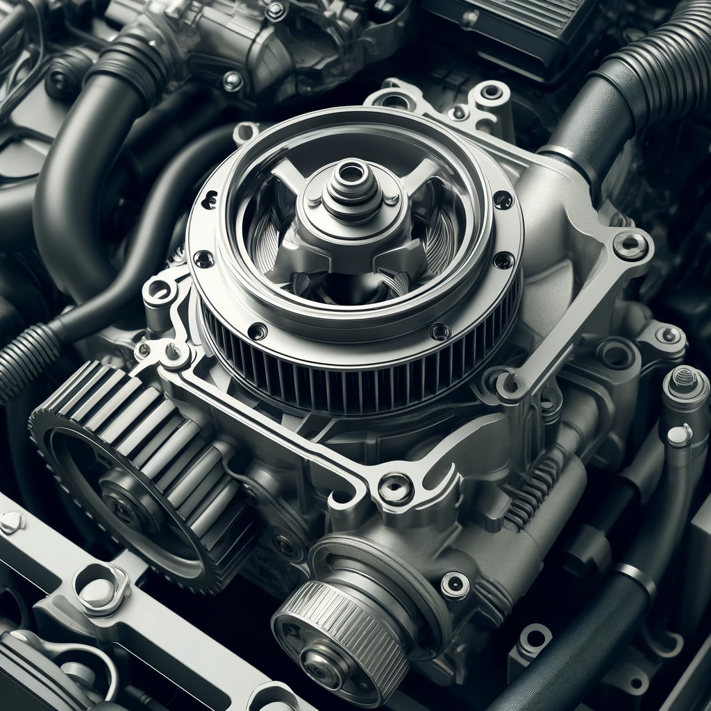 DALL·E 2025-01-20 15.42.50 – A detailed illustration of a vehicle water pump, showing its components and placement in an engine system. The water pump is metallic with a fan-like