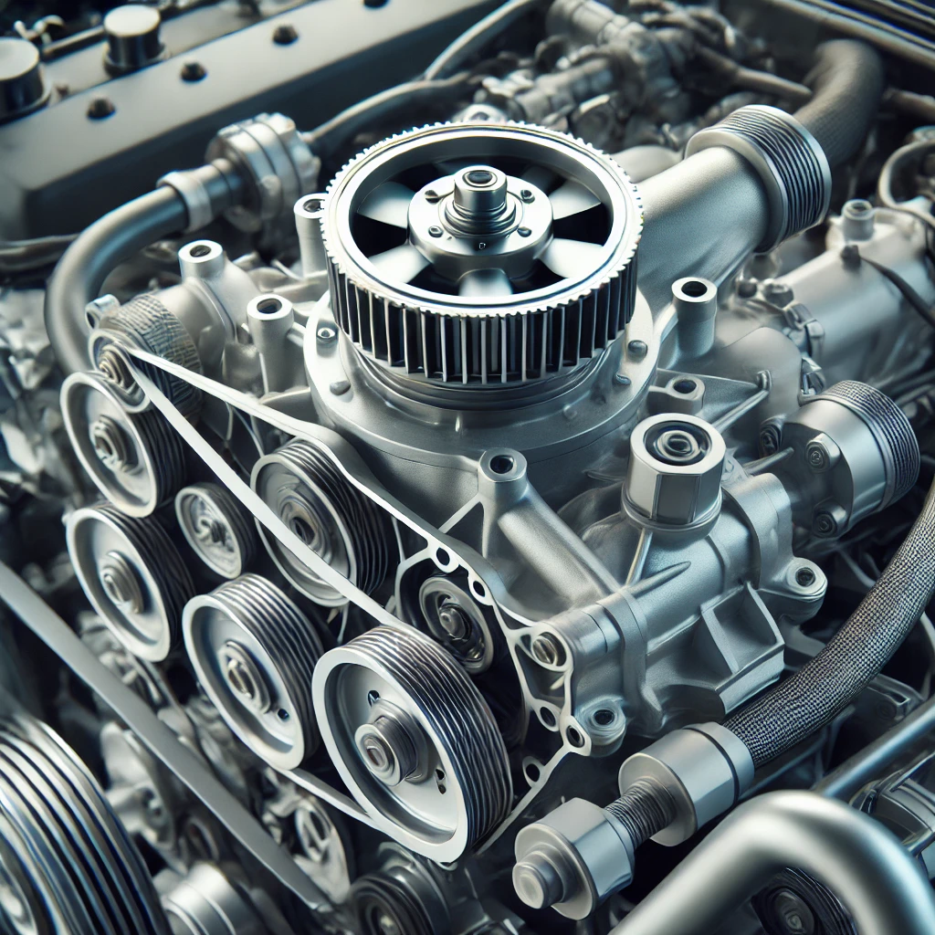 DALL·E 2025-01-20 15.42.54 - A detailed illustration of a vehicle water pump, showing its components and placement in an engine system. The water pump is metallic with a fan-like