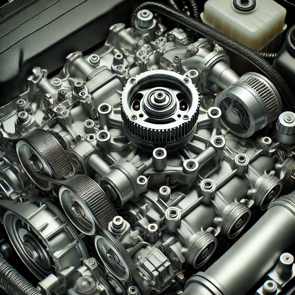 DALL·E 2025-01-23 10.23.05 - A detailed and realistic image of a car engine with a focus on the water pump integrated into the engine block. The water pump is shown in its proper