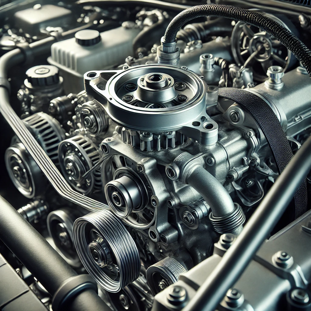DALL·E 2025-01-23 10.31.33 - A detailed and realistic image showing a water pump installed in a car engine bay. The focus is on the water pump, connected to the serpentine belt, h