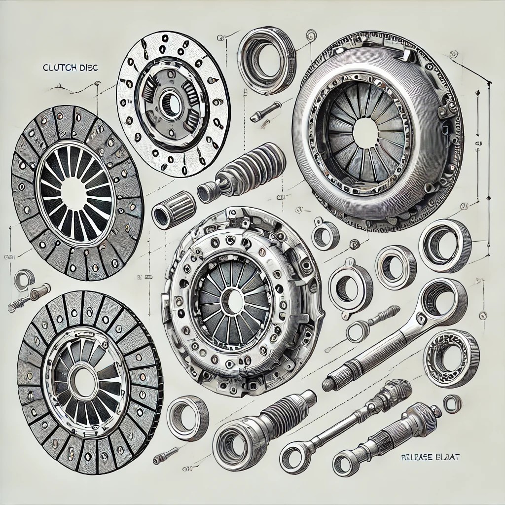DALL·E 2025-01-29 21.06.22 - A detailed technical diagram of a clutch kit, including components such as the clutch disc, pressure plate, release bearing, and flywheel. The diagram