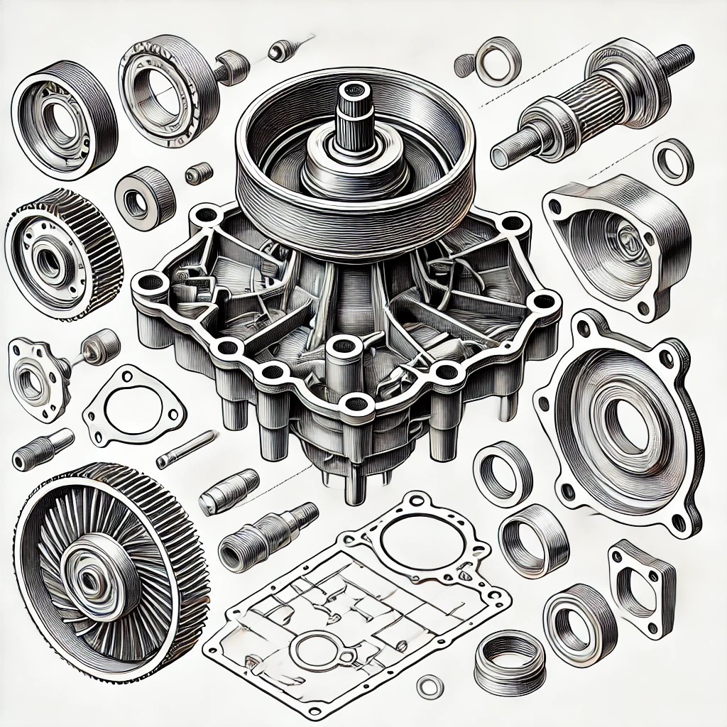 DALL·E 2025-01-29 21.07.17 - A detailed illustration of a car water pump, showcasing its components such as the impeller, housing, pulley, and gasket. The image should display an