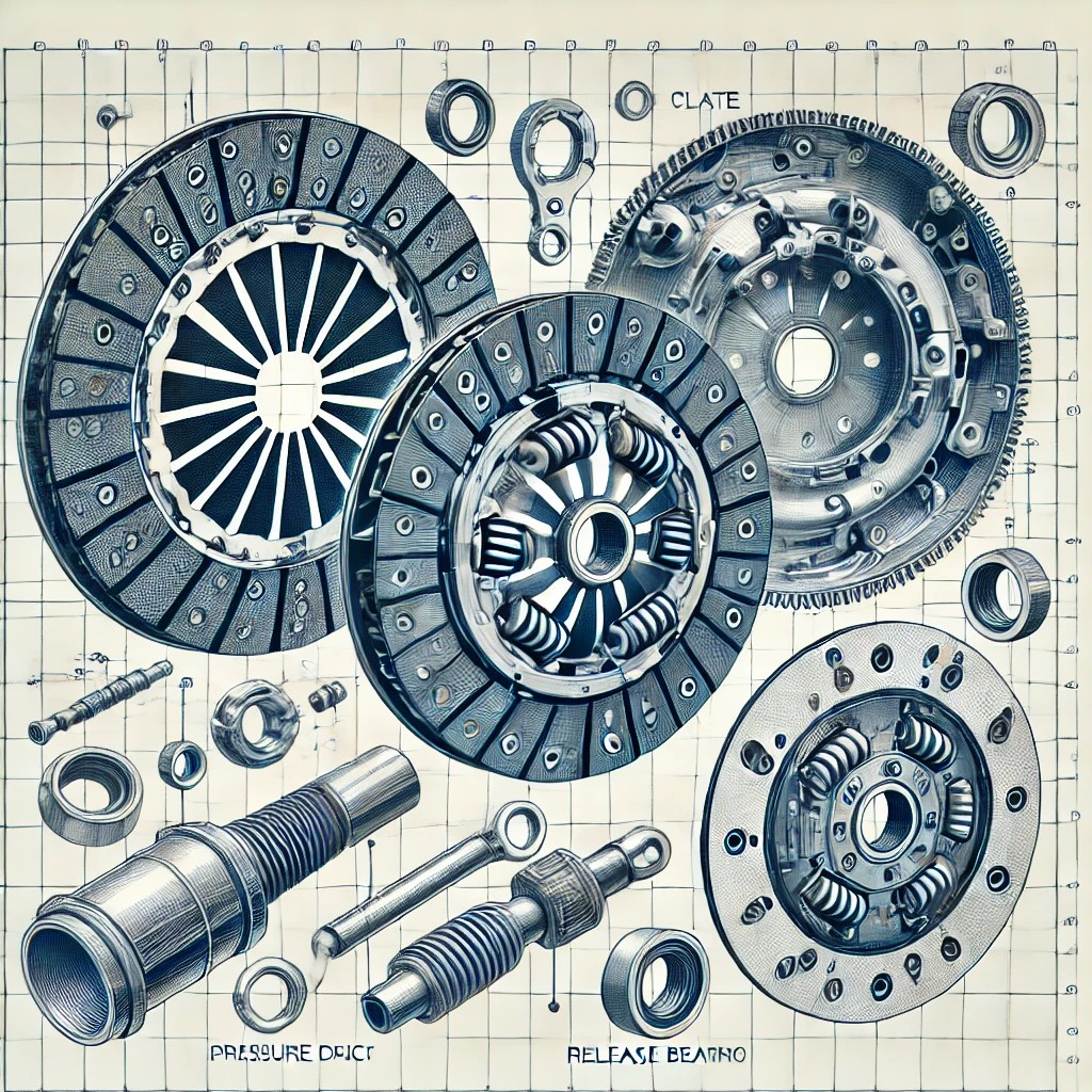DALL·E 2025-01-29 21.07.29 – A detailed illustration of the components of a clutch kit, including the clutch disc, pressure plate, release bearing, and flywheel. The image should