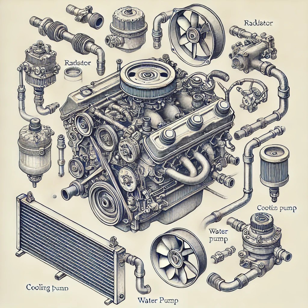 DALL·E 2025-01-29 21.07.54 - A detailed illustration of a car engine cooling system, showing components such as the radiator, water pump, thermostat, cooling fan, coolant hoses, a